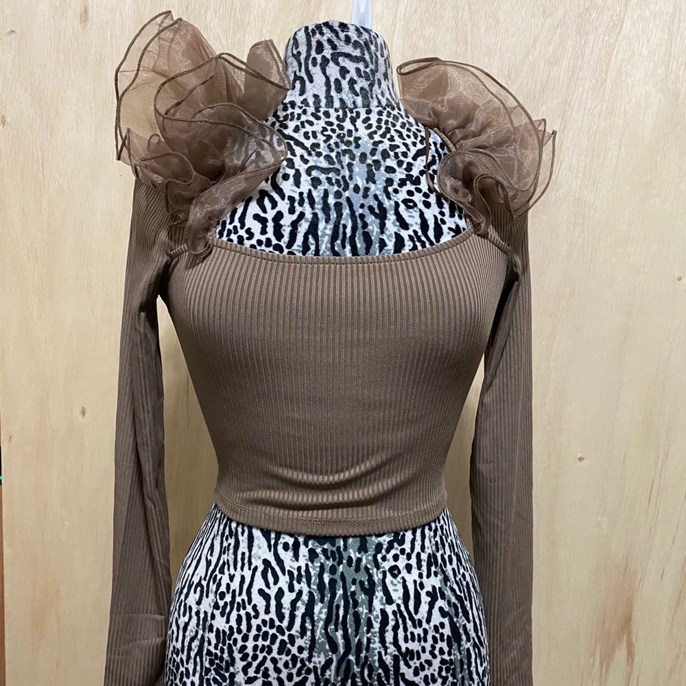 Zara Beige Ruffle-Trim Long Sleeve Crop Top - Picture 2 of 7